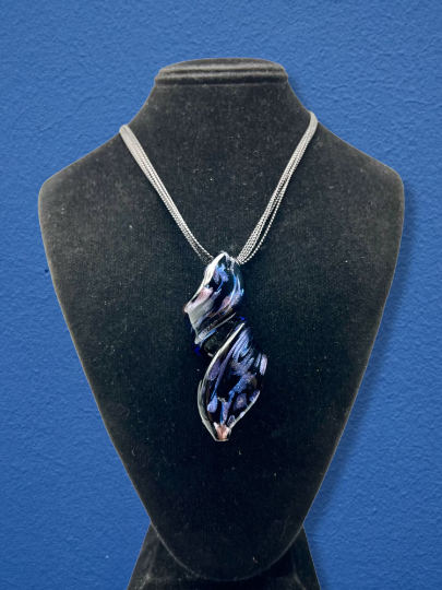 Blue, Purple and Black Murano Glass Swirl Necklace on a Black Multi-Strand Cord
