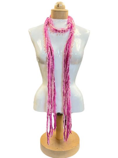 Boho Beaded Lightweight Mohair Scarf Necklace - Magenta and Light Pink with Beads