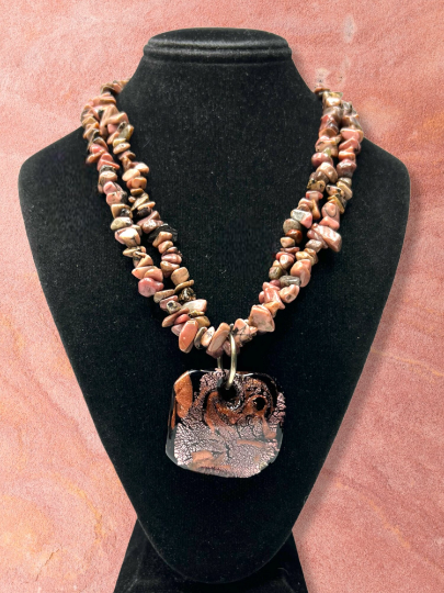 Unique Rose Pink Murano Glass Pendant Necklace with Rhodanite