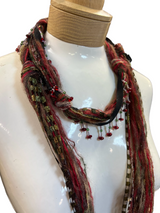 Boho Beaded Lightweight Mohair Scarf Necklace - Red and Olive