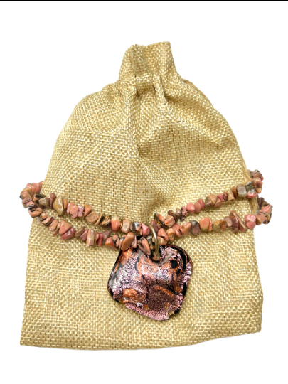 Unique Rose Pink Murano Glass Pendant Necklace with Rhodanite