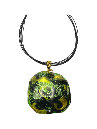 Green, Gold and Black Murano Glass Pendant Necklace on a Black Multi-Strand Cord