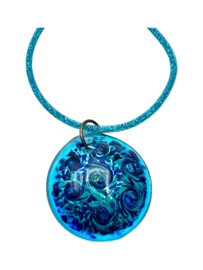 Murano Glass Blue Circle Pendant on a Seed Bead Filled Cord