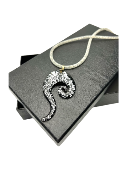 Black, White and Silver Glass Pendant on a Silver Cord