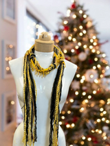 Boho Beaded Lightweight Mohair Scarf Necklace - Black and Gold with Beads