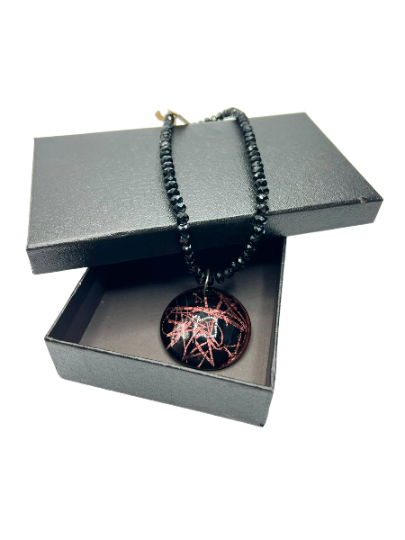 Black and Rose Gold Murano Glass Circle Pendant on Black Crystal Strand