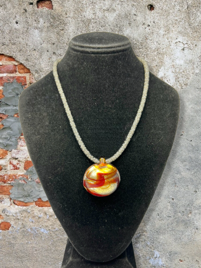 Vibrant Red, Gold, and Silver Murano Glass Pendant Necklace