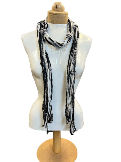 Boho Beaded Lightweight Scarf Necklace -  Black and White Scarf