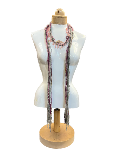 Boho Beaded Lightweight Scarf Necklace - Dark and Light Pink with Gray