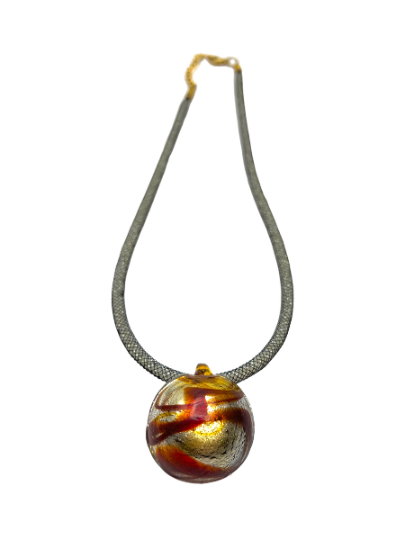 Vibrant Red, Gold, and Silver Murano Glass Pendant Necklace