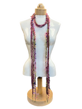 Boho Beaded Lightweight Mohair Scarf Necklace -  Pink, Purple, Maroon and Green with Floral Accents