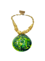 Green and Black Murano Pendant Necklace on an Electroplated Citrine Druzy Stone
