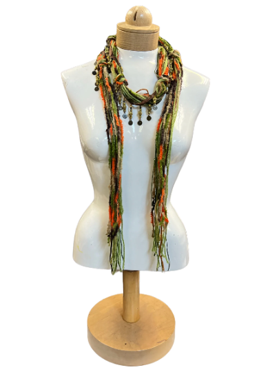 Boho Beaded Lightweight Scarf Necklace - Green, Orange and Brown