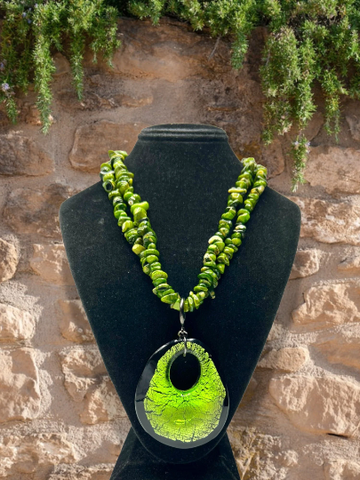Green and Black Murano Glass Pendant on a Double Jasper Gemstone Strand