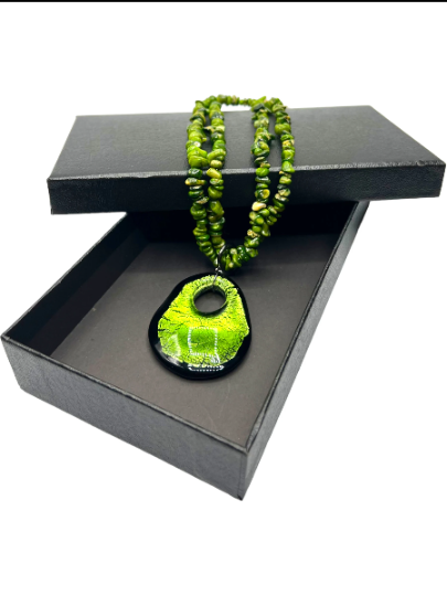 Green and Black Murano Glass Pendant on a Double Jasper Gemstone Strand