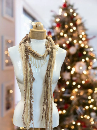 Boho Beaded Lightweight Mohair Scarf Necklace - Tan, Taupe and Gold