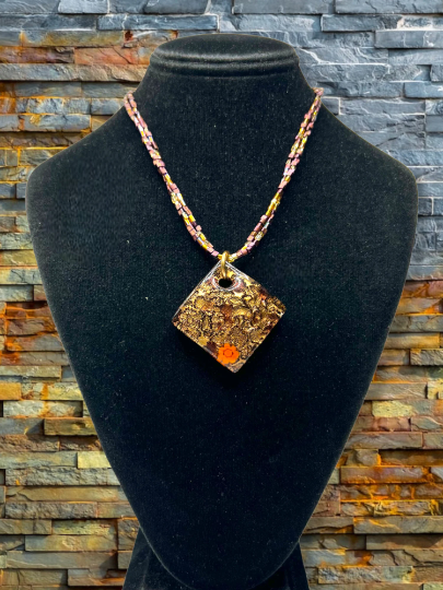 Brown, Gold, and Orange Murano Glass Diamond Pendant