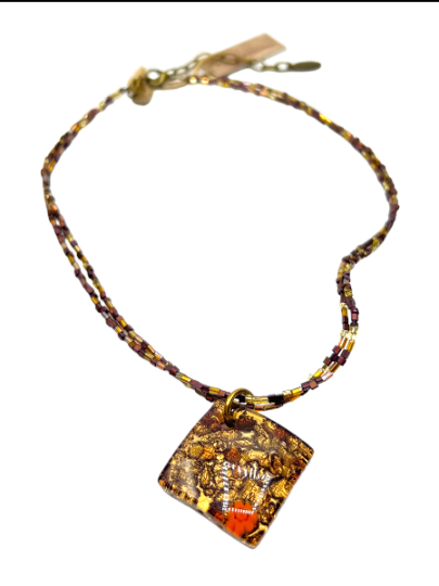 Brown, Gold, and Orange Murano Glass Diamond Pendant