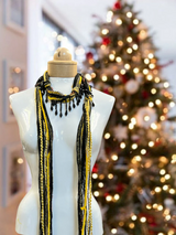 Boho Beaded Lightweight Mohair Scarf Necklace - Black and Gold Shimmer
