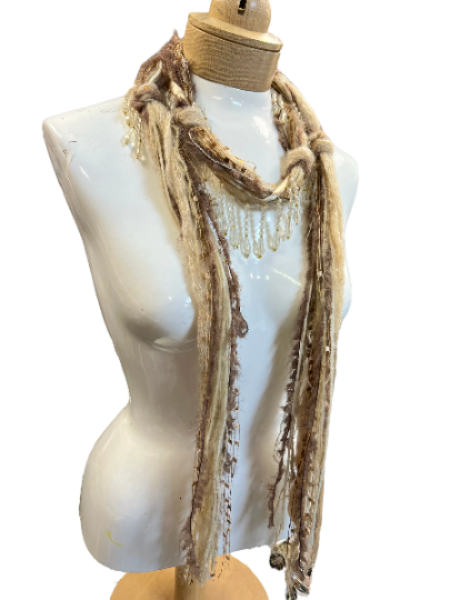 Boho Beaded Lightweight Mohair Scarf Necklace - Tan, Taupe and Gold