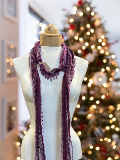Boho Beaded Lightweight Mohair Scarf Necklace - Dark Purple, Maroon and Silver