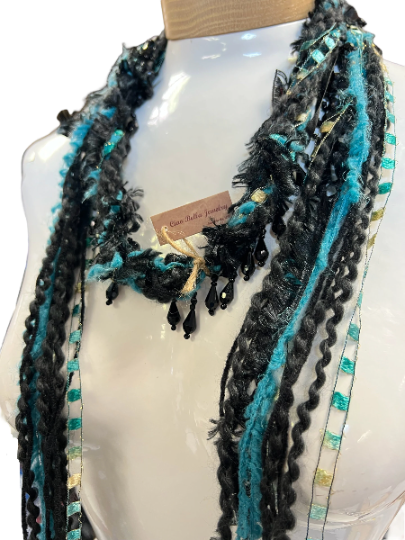 Boho Beaded Lightweight Mohair Scarf Necklace - Aqua Blue and Black with Gold Accents