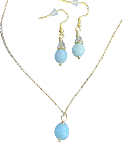 Aqua Amazonite Gemstone Pendant Necklace and Earrings Set, Perfect for Any Occasion