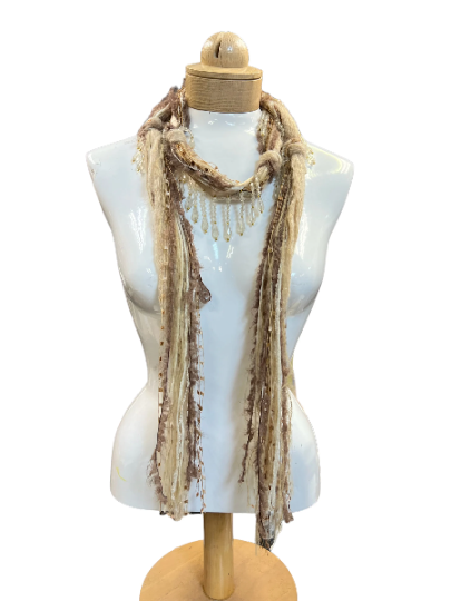 Boho Beaded Lightweight Mohair Scarf Necklace - Tan, Taupe and Gold