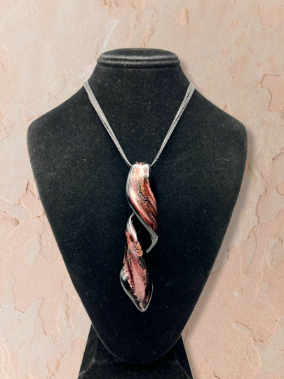 Vibrant Pink, Rose Gold, and Black Murano Glass Swirl Pendant Necklace
