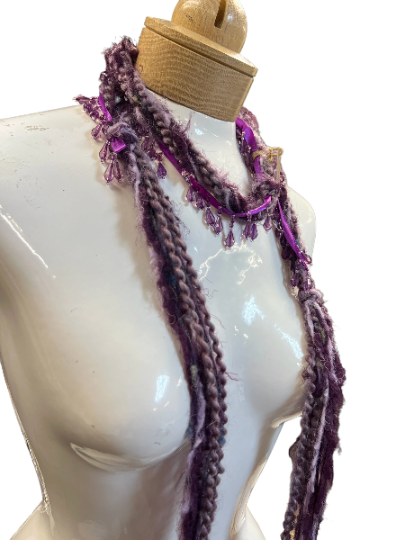 Boho Beaded Lightweight Mohair Scarf Necklace - Eggplant and Lavender with Beads