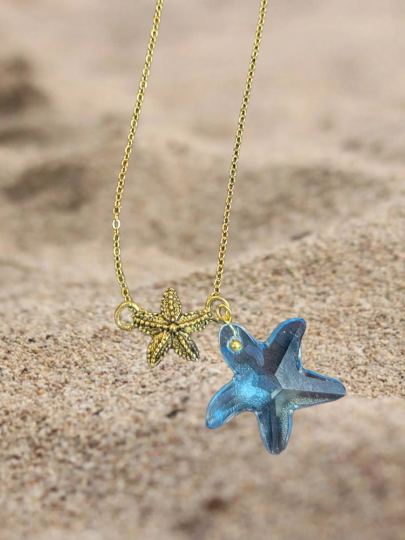 Aqua Crystal and Gold Starfish Necklace