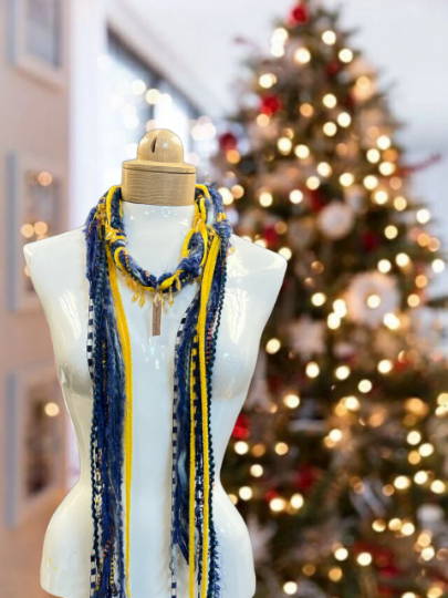Boho Beaded Lightweight Mohair Scarf Necklace - Blue and Yellow