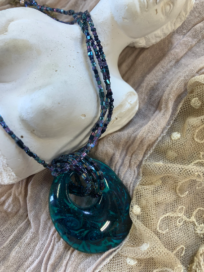 Turquoise and Black Murano Glass Pendant Necklace