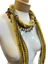 Boho Beaded Lightweight Mohair Scarf Necklace - Pale Yellow, Brown with Beads