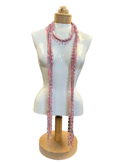 Boho Beaded Lightweight Mohair Scarf Necklace - Dark Pink, Light Pink with Beads