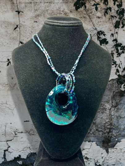 Turquoise and Black Murano Glass Pendant Necklace