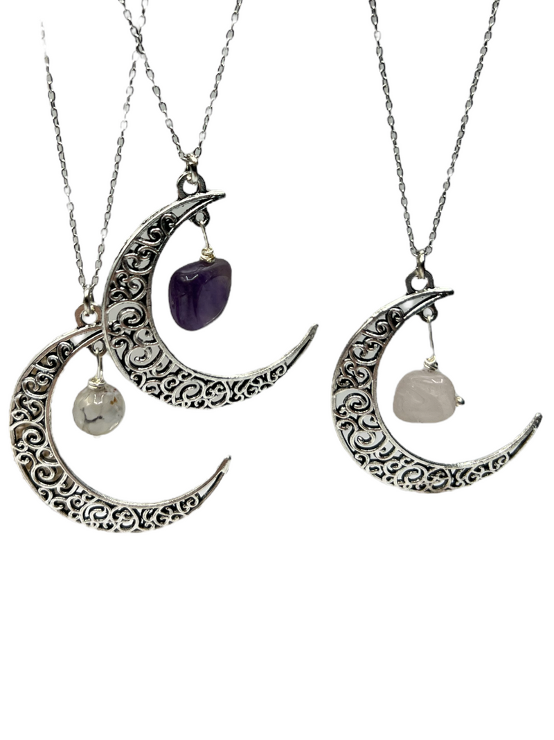 Silver Moon Necklace with Assorted Gemstones