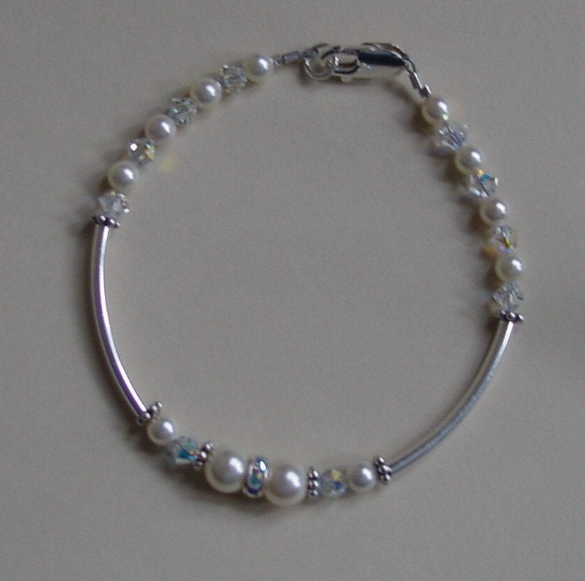 Silver Pearl and Crystal Bracelet | Wedding, Flower girl, Bridesmaid, First Communion, Confirmation