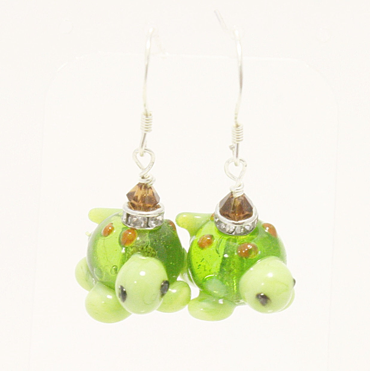 Lampwork Glass Turtle Earrings with Crystal | Unique Handmade Jewelry