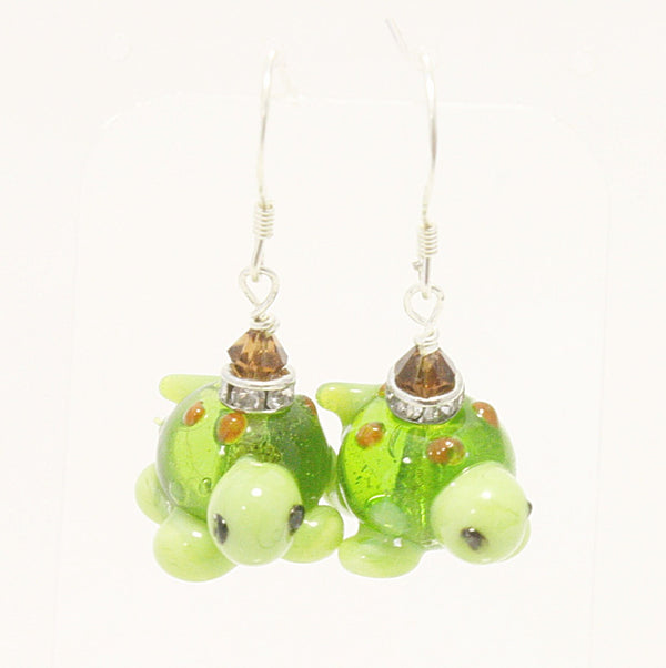 Lampwork Glass Turtle Earrings with Swarovski Crystal | Unique Handmade Jewelry