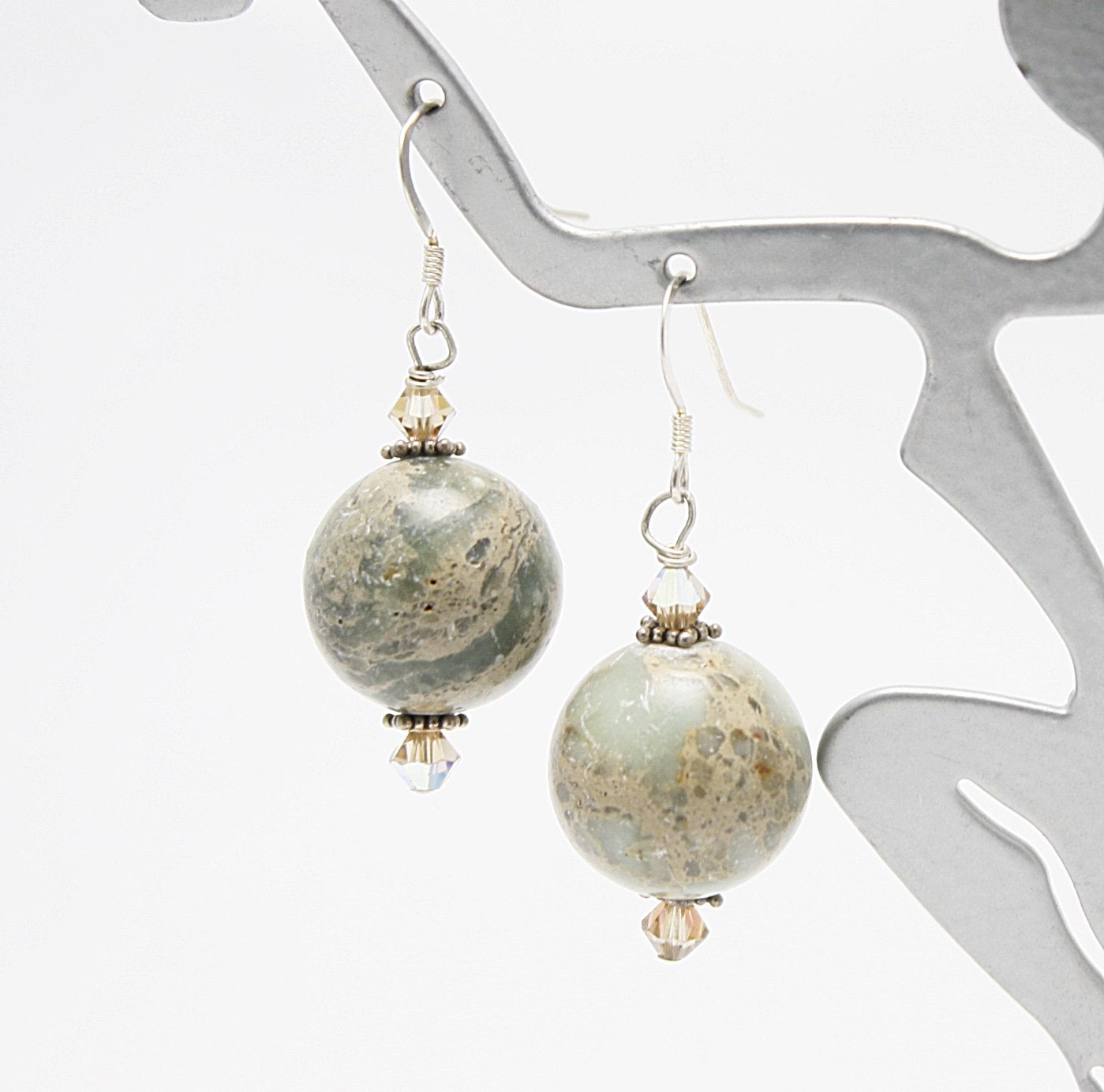 Neutral Tan and Light Green Jasper Round Drop Earrings