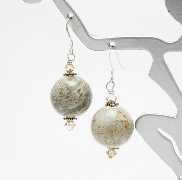 Neutral Tan and Light Green Jasper Round Drop Earrings