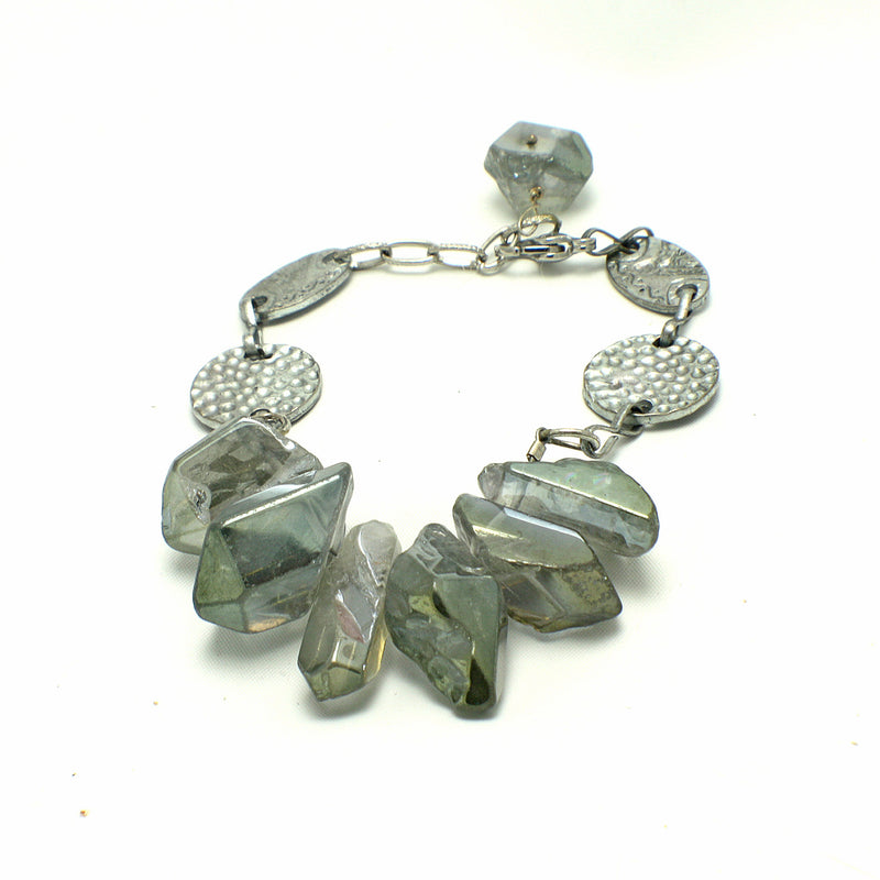 Blue Green Electroplated Quartz Bracelet with Hammered Silver Chain