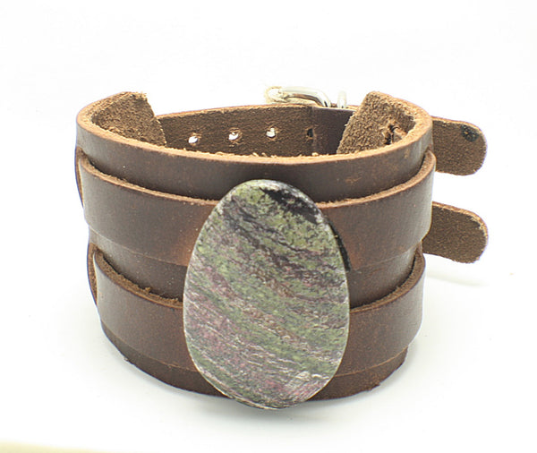 Unisex Leather Buckle Cuff Bracelet Azurite Gemstone