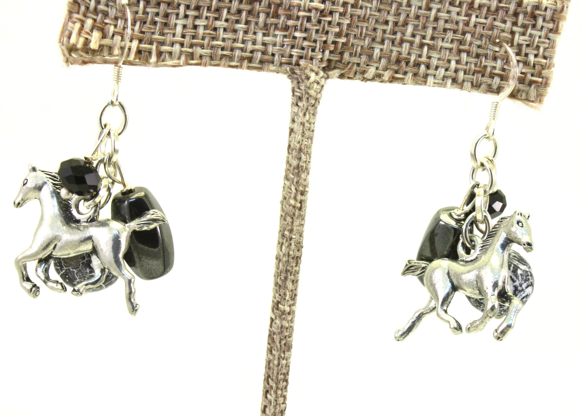 Silver Horse Charm Earrings with Gemstone and Crystal Accents
