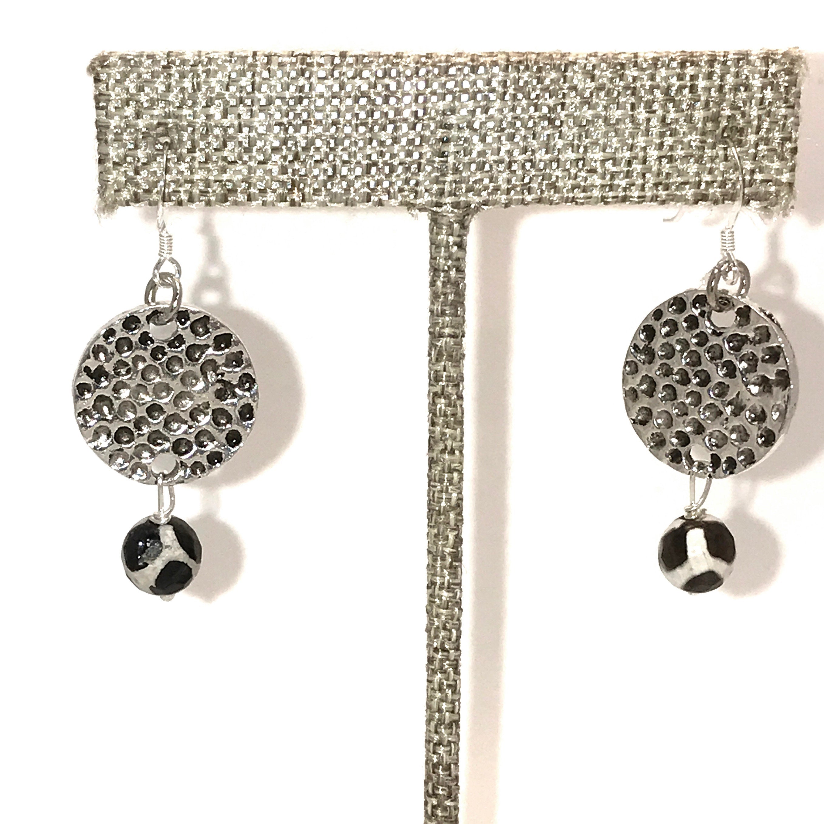Black, White and Silver Earrings - Dalmatian Jasper Dangle Earrings