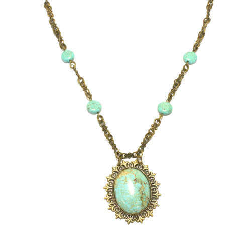Long Natural Turquoise Necklace, Antique Gold Chain, Statement Jewelry