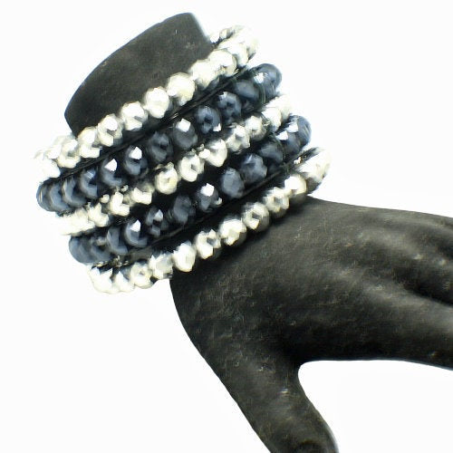 Wide Black and Silver Beaded Crystal Stack Bracelet