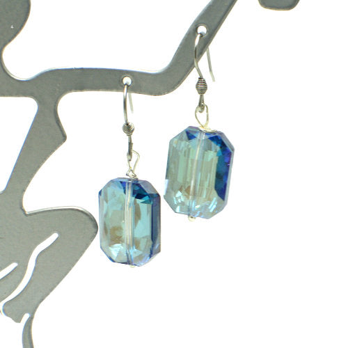Blue Iridescent Rectangle Crystal Earrings