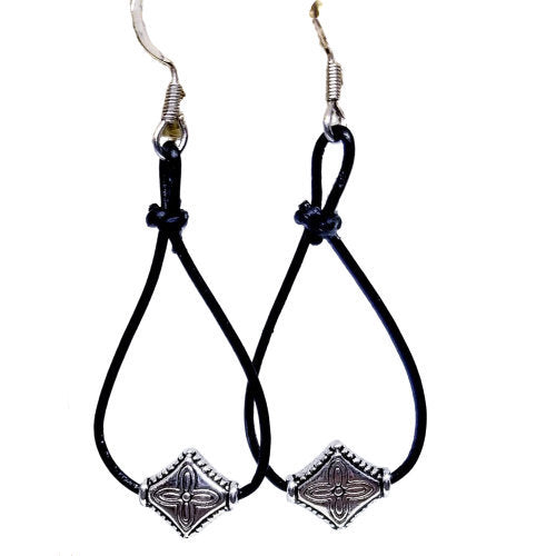 Leather Teardrop Earrings with Diamond or Round Metal Designs